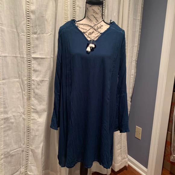 Crescent teal tassel tie up boho dress - Picture 2 of 7